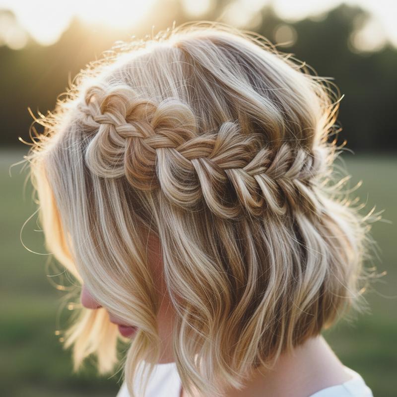 Une couronne de tresse épi lâche entoure le haut d'une coupe au carré aux reflets blonds sous une lumière solaire chaleureuse.