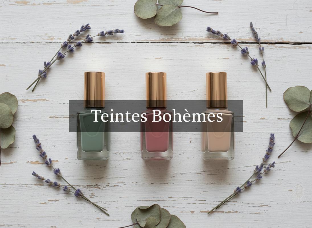Trois flacons de vernis à ongles vert sauge, rose poudré et beige crème sur une table en bois clair avec lavande, eucalyptus et texte 'Teintes Bohèmes'.