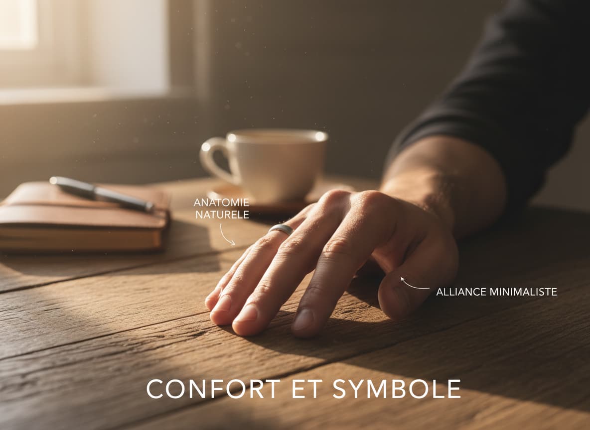 Main d'homme portant une alliance minimaliste en argent sur une table en chêne rustique sous une lumière matinale, avec l'inscription CONFORT ET SYMBOLE.