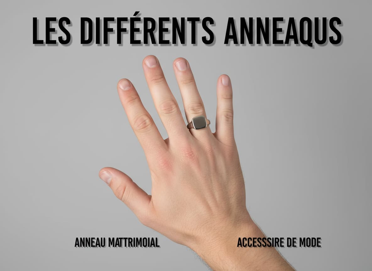 Main d'homme vue de dessus portant une alliance à l'annulaire et une chevalière à l'index sur fond gris avec la superposition textuelle Les différents anneaux.