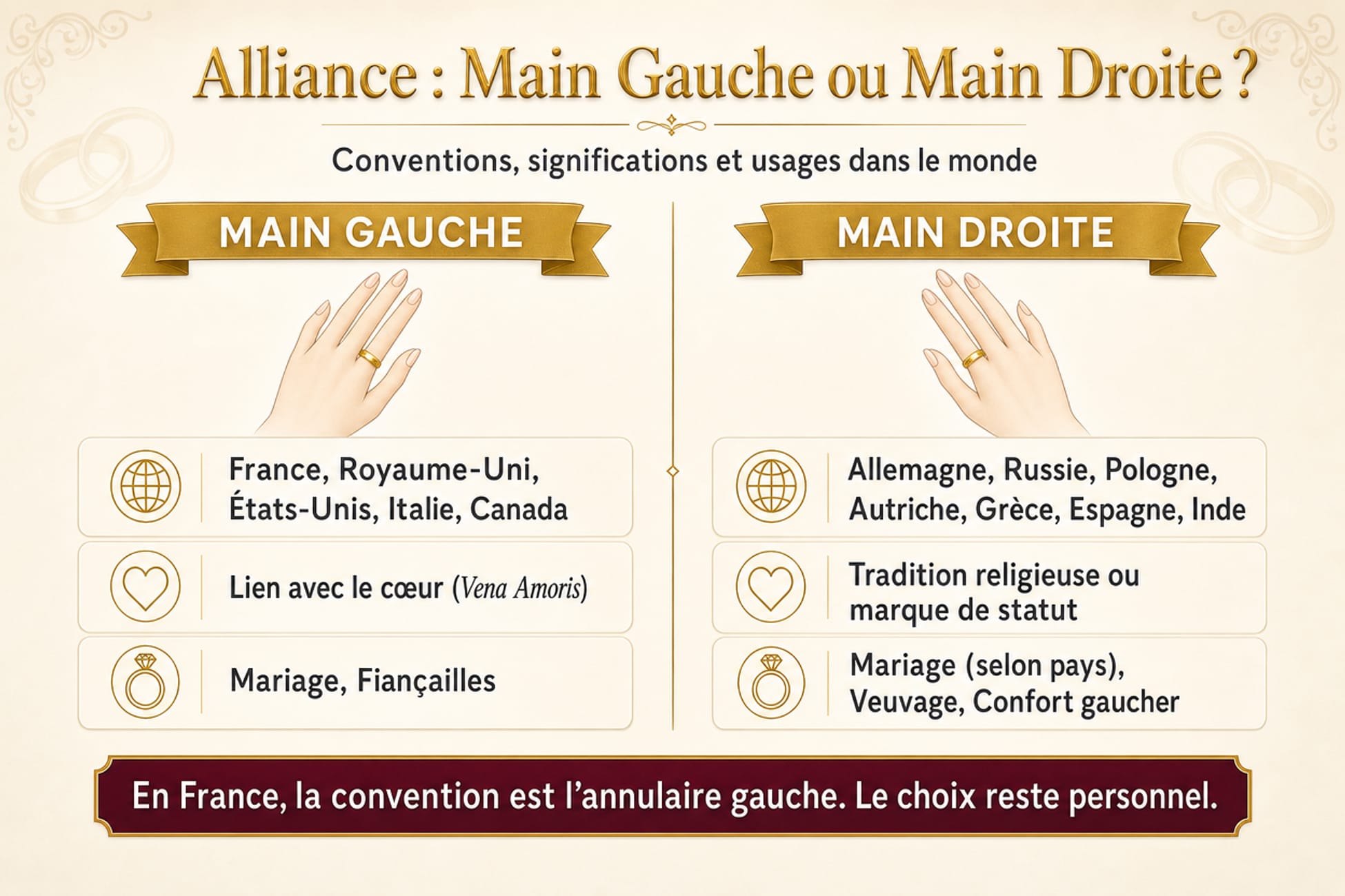 Infographie comparative sur le port de l’alliance à la main gauche ou à la main droite selon les pays, avec conventions, significations et usages.