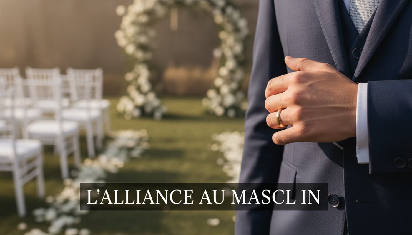 Gros plan d'une main d'homme en costume bleu marine portant une alliance en or avec le texte L'ALLIANCE AU MASCULIN en surimpression.
