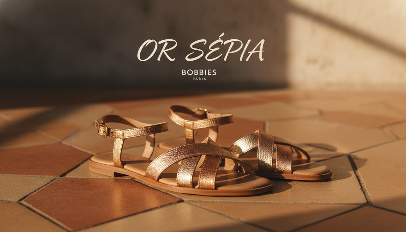 Sandales Bobbies Alya couleur sepia doré posées sur des carreaux en terre cuite éclairées par la lumière dorée du coucher de soleil. Texte 'SEPIA GOLD' affiché.
