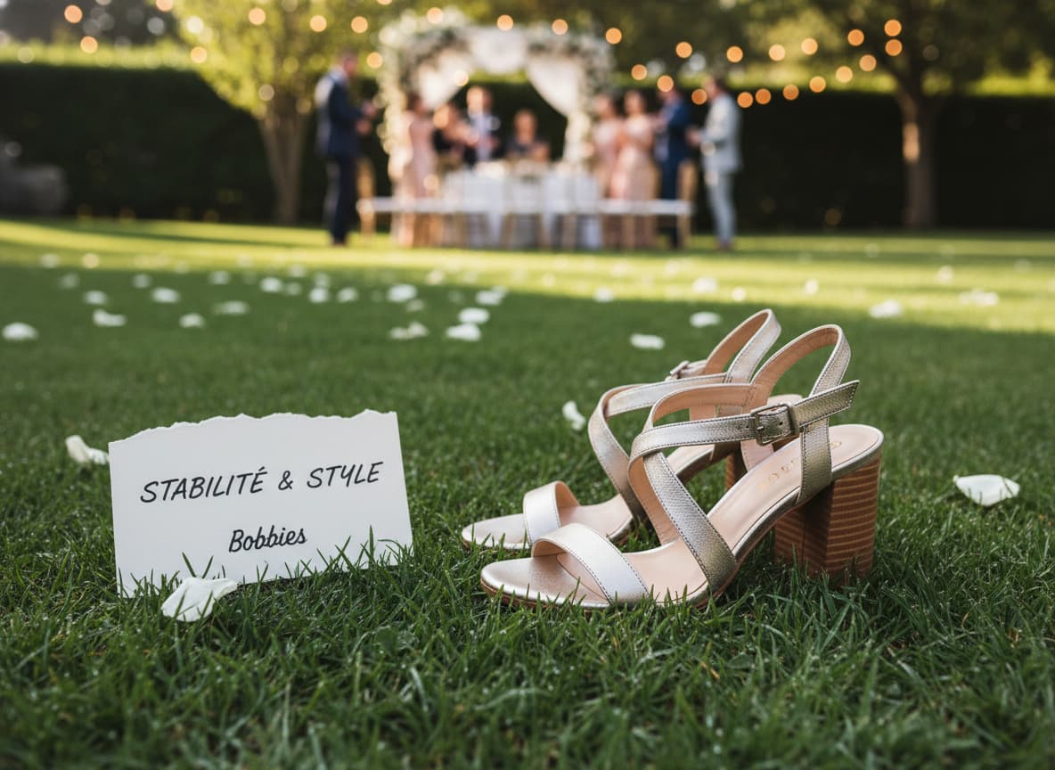 Sandales Bobbies Nour à talon large en cuir champagne posées sur une pelouse, avec le texte 'STABILITÉ & STYLE' en superposition.