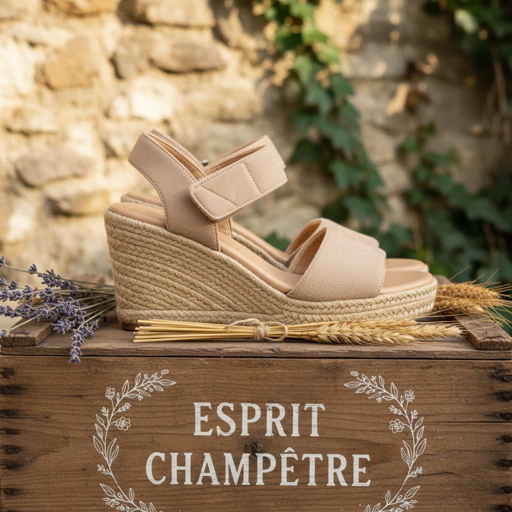 Sandales beiges Bocage Cosette posées sur une caisse en bois décorée de lavande séchée et de blé, avec le texte « ESPRIT CHAMPÊTRE ».