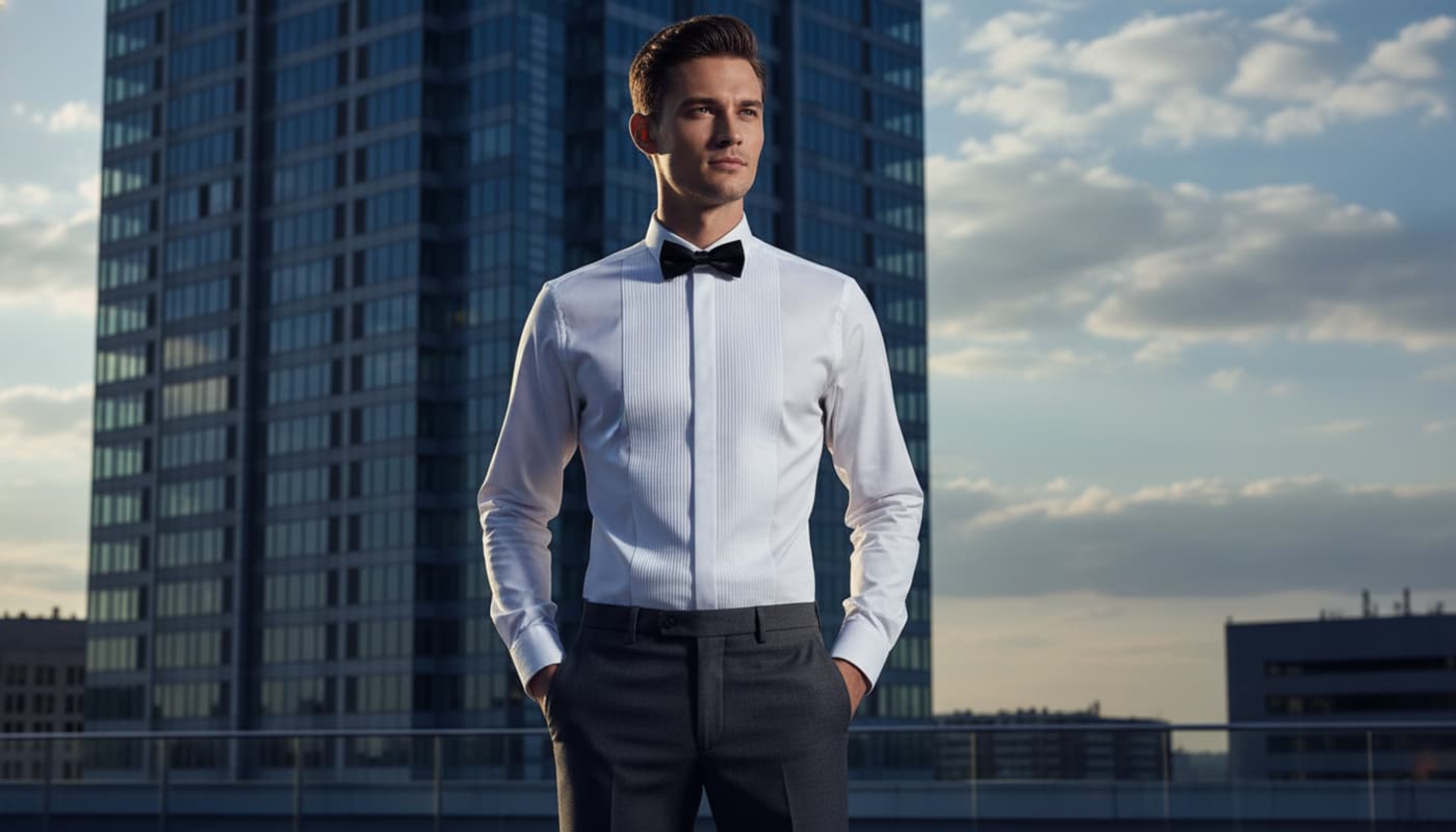 Un modèle masculin porte une chemise blanche slim-fit BOSS Jery devant un immeuble de verre dans un cadre de mariage urbain, avec un éclairage contrasté soulignant la silhouette.