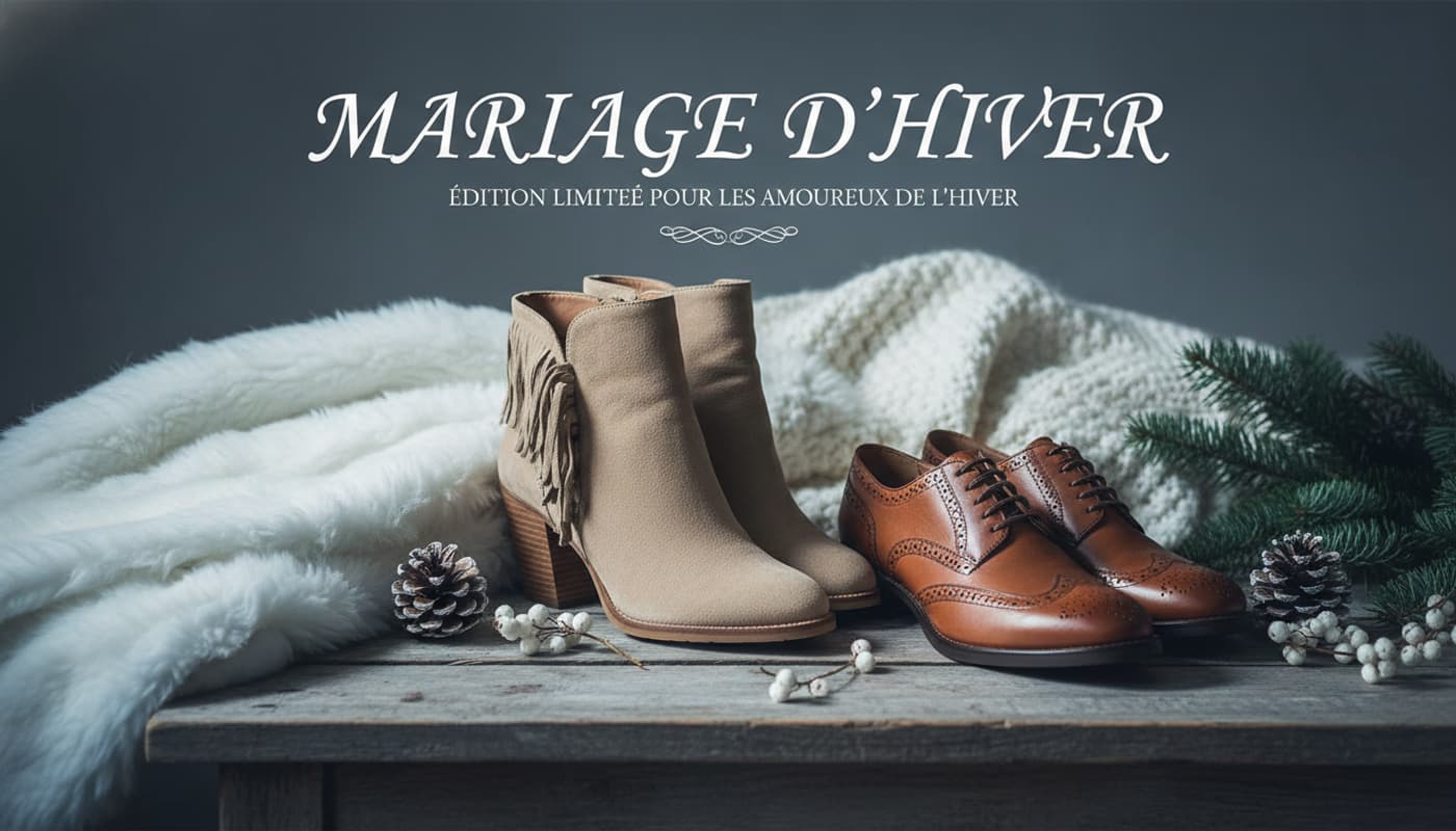 Bottines en daim et derbies en cuir posées sur une table en bois avec un châle en fausse fourrure blanche et des pommes de pin, éclairage doux et froid, texte 'MARIAGE D'HIVER'.