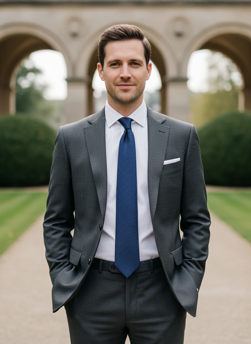 Chemise en sergé ivoire portée sous une veste de costume gris anthracite et une cravate en soie, look formel pour mariage.