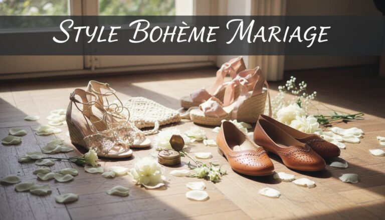 Des sandales en dentelle, des espadrilles et des chaussures plates en cuir de style bohème disposées sur un parquet ancien avec une lumière douce, des pétales de fleurs, et un texte superposé 'STYLE BOHÈME MARIAGE' sur fond foncé semi-transparent.