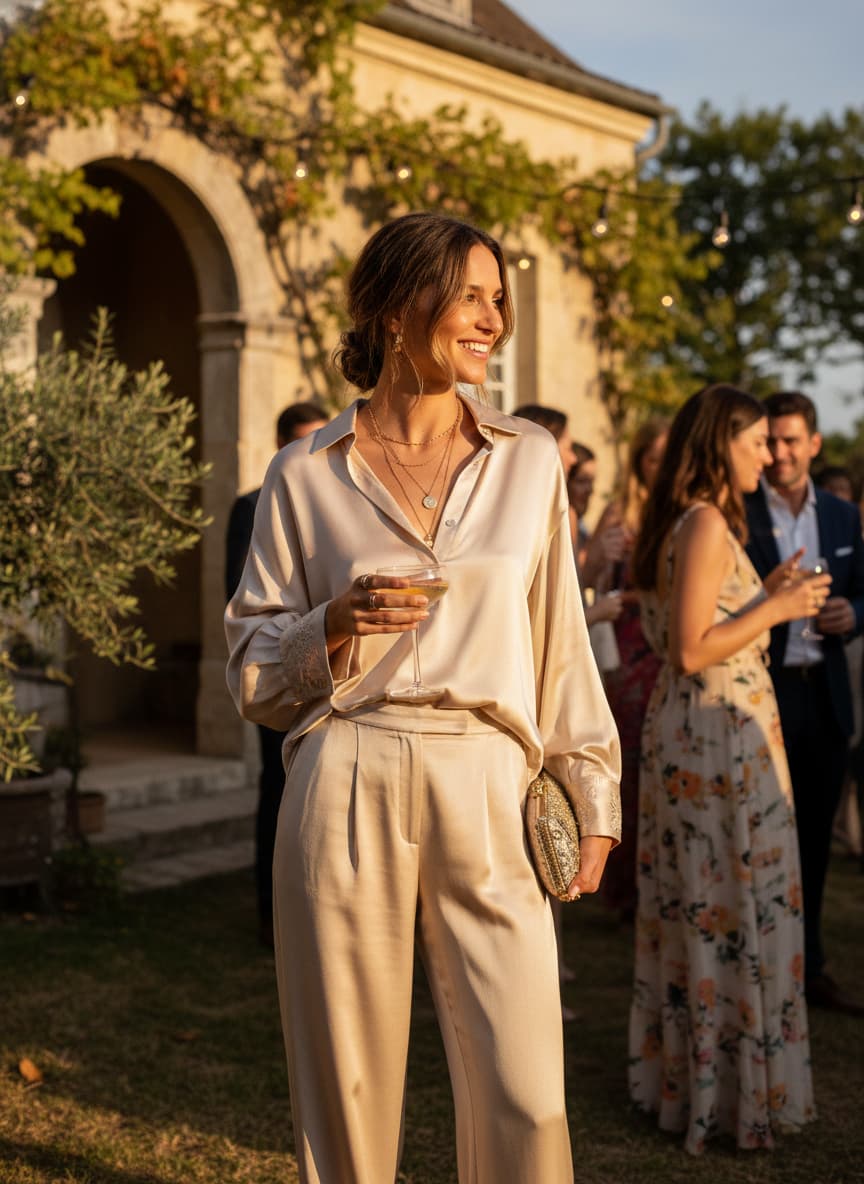 Une femme porte une chemise en satin champagne lors d'un mariage en plein air à la lumière dorée du coucher de soleil.