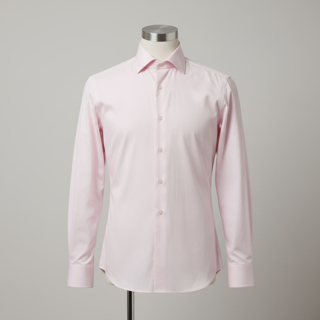 Une chemise habillée rose pastel avec un col français ajustée sur un mannequin minimaliste devant un fond gris.