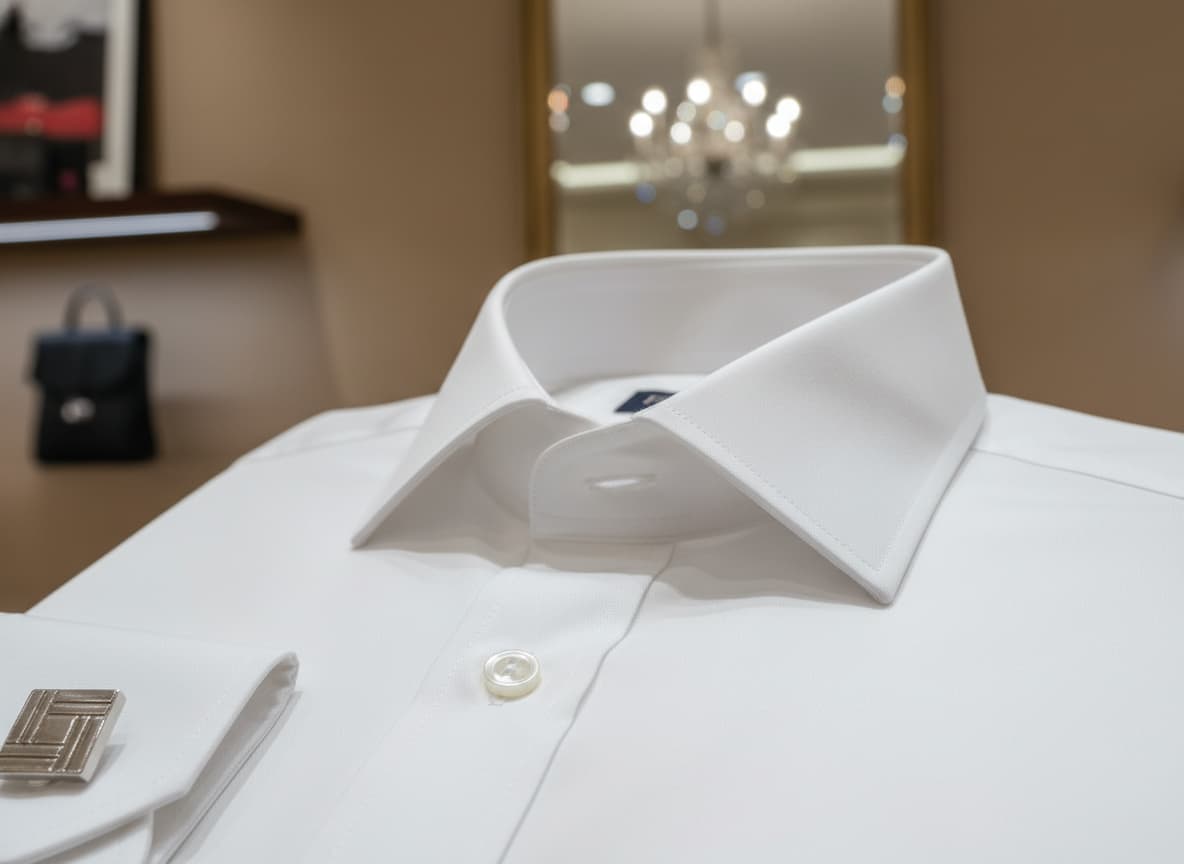 Chemise blanche en popeline Figaret avec col signature, coutures apparentes, et boutons de manchette argentés posés sur le poignet dans un style épuré parisien.