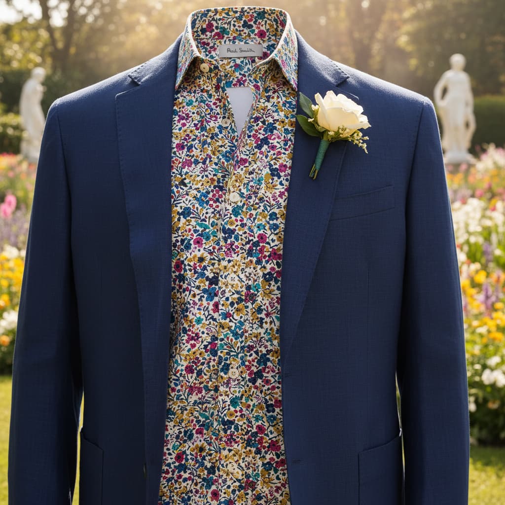 Homme portant une chemise à imprimé floral coloré sous une veste bleu marine en lin, avec un éclairage artistique mettant en valeur les motifs.