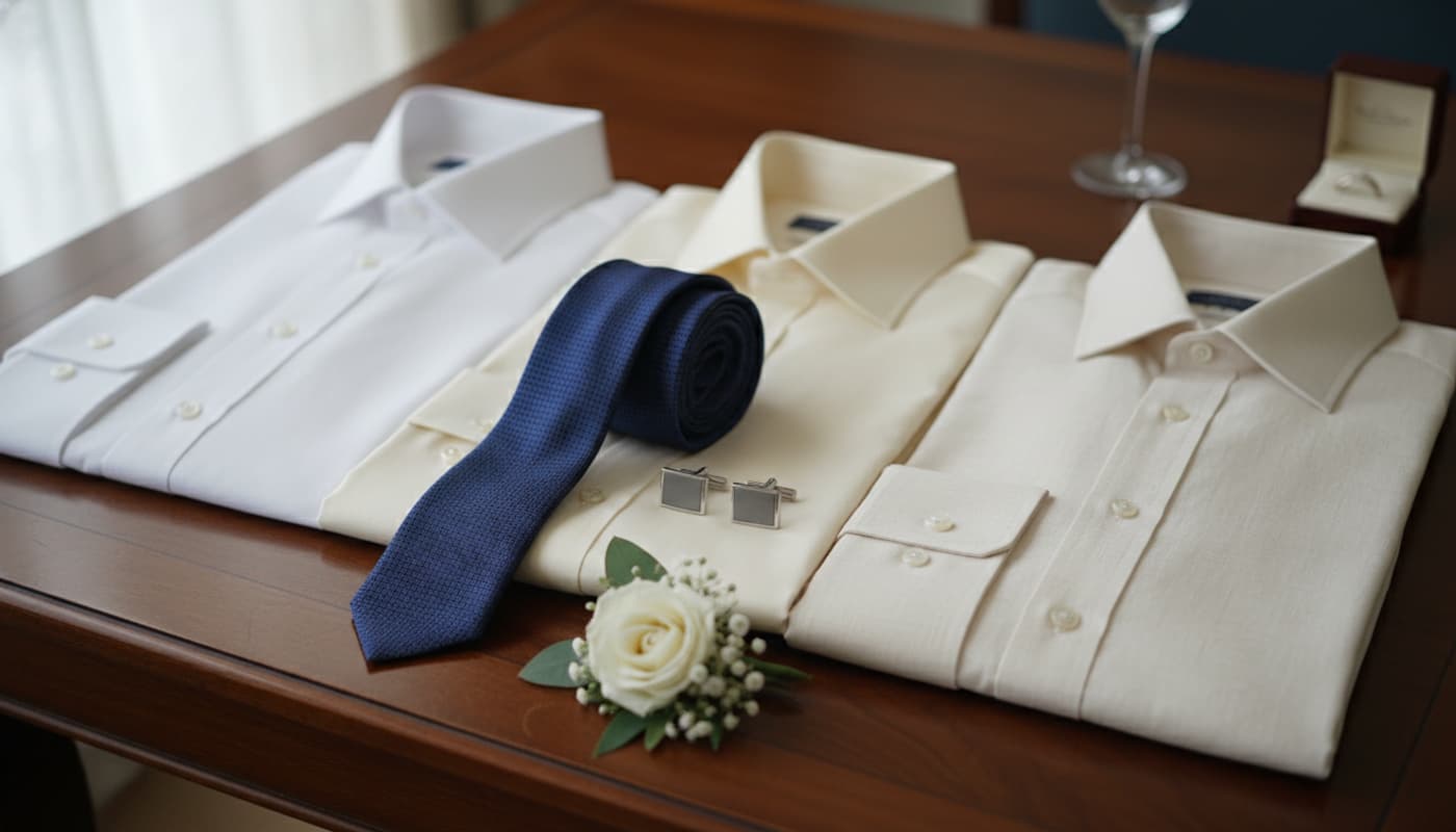 Chemises de mariage pour hommes en blanc et ivoire, disposées à plat sur une surface en bois foncé, avec une cravate en soie, des boutons de manchette en argent et un boutonnière, éclairées par une lumière matinale naturelle.