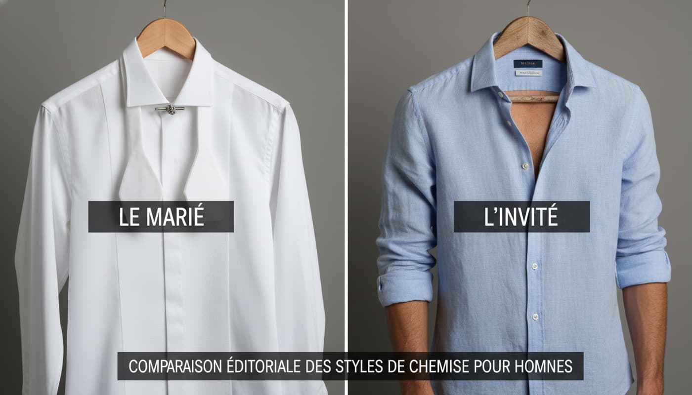 Comparaison côte à côte : à gauche une chemise formelle de marié avec col cassé et poignets mousquetaires, à droite une chemise décontractée chic d'invité bleu clair avec col italien, avec les légendes 'Le Marié' et 'L'Invité' sur fond sombre translucide.