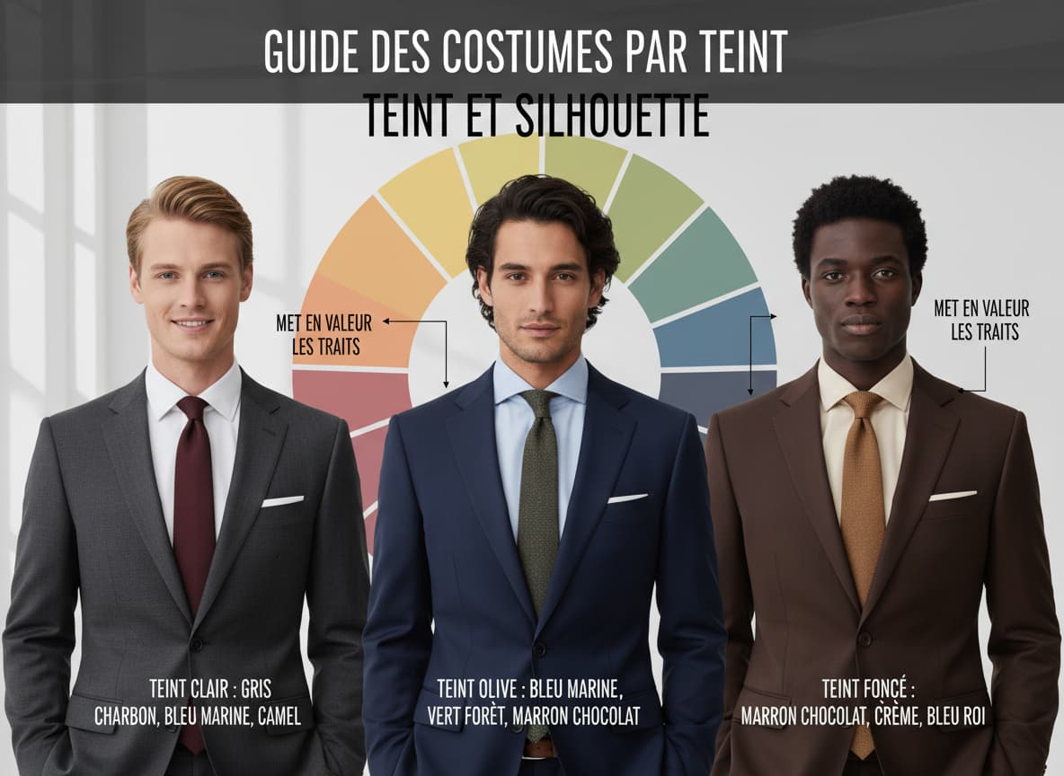 Trois hommes aux carnations différentes portent des costumes aux couleurs harmonieuses à côté du texte Teint et Silhouette.