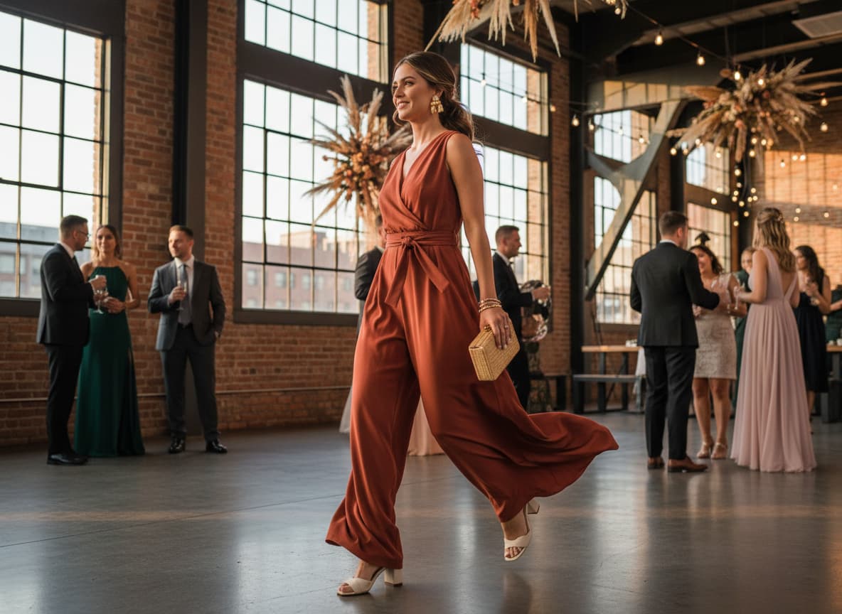 Invitée de mariage en combinaison terracotta fluide à jambes larges et taille cintrée évoluant dans un décor urbain moderne.