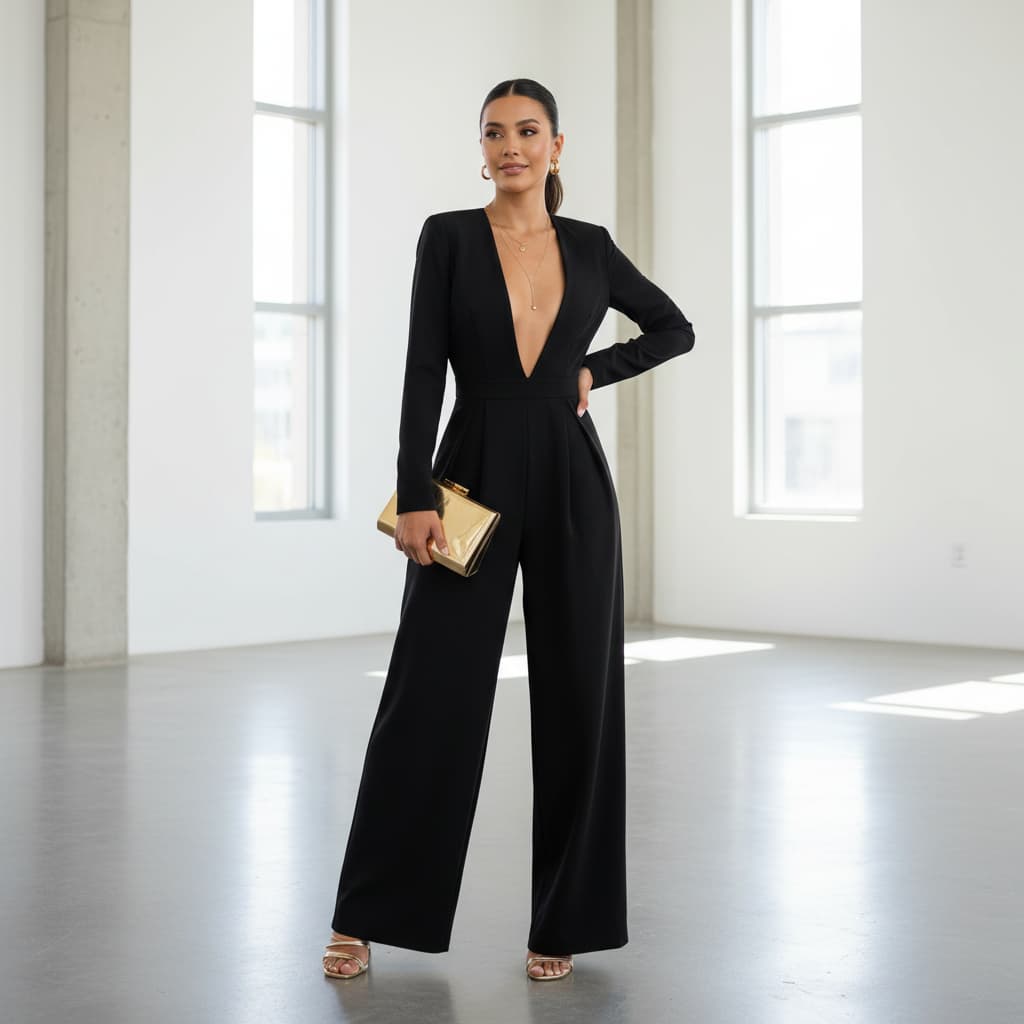 Une femme élégante portant une combinaison noire à décolleté plongeant et pantalon large pose dans un espace architectural épuré et lumineux.