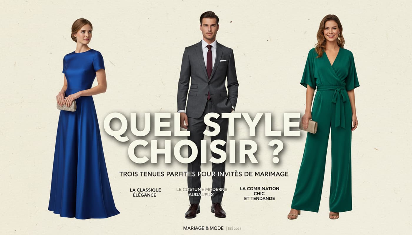 Trois femmes présentent côte à côte une robe classique, un tailleur moderne et une combinaison élégante pour un mariage sous le texte Quel style choisir.