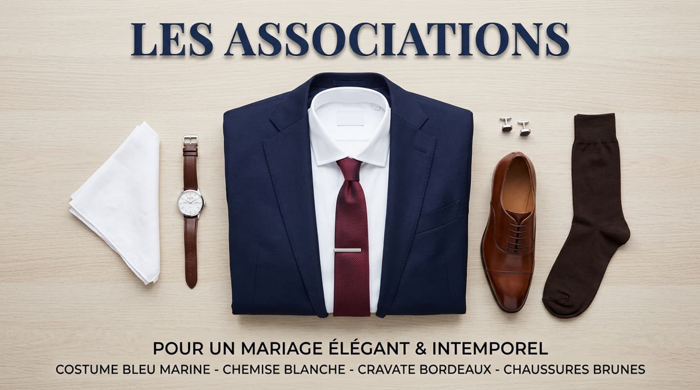 Veste de costume bleu marine, chemise blanche, cravate bordeaux et chaussures en cuir marron en flat-lay avec le texte Les Associations.