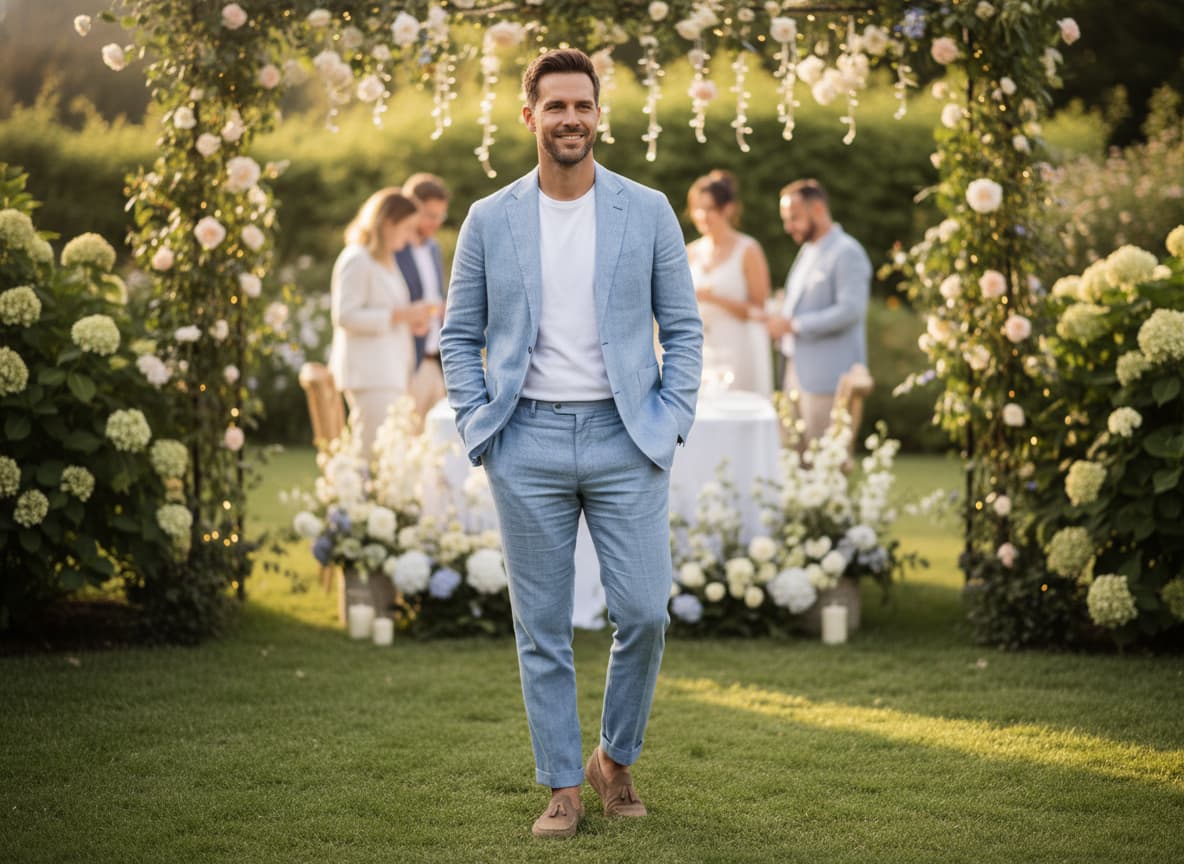 Homme portant un costume bleu ciel dans un jardin, avec des décorations florales et une lumière matinale tamisée.