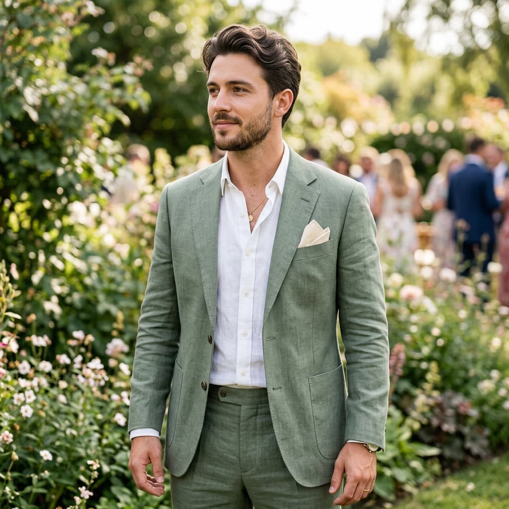 Un homme élégant vêtu d'un costume en lin vert sauge et d'une pochette crème se tient dans un jardin verdoyant sous une lumière naturelle éclatante.