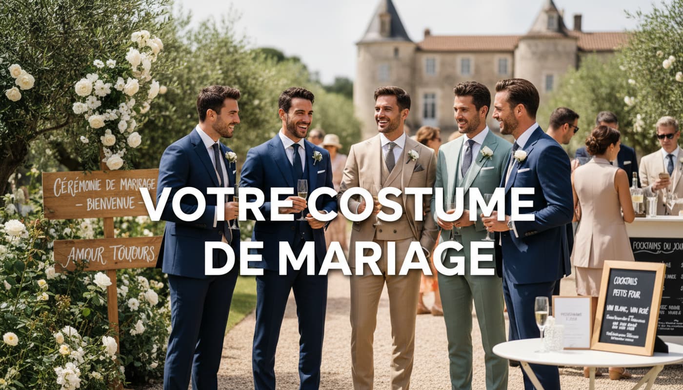 Des hommes portant des costumes bleu marine, vert sauge et beige assistent à une cérémonie de mariage élégante avec le texte superposé Votre costume de mariage.