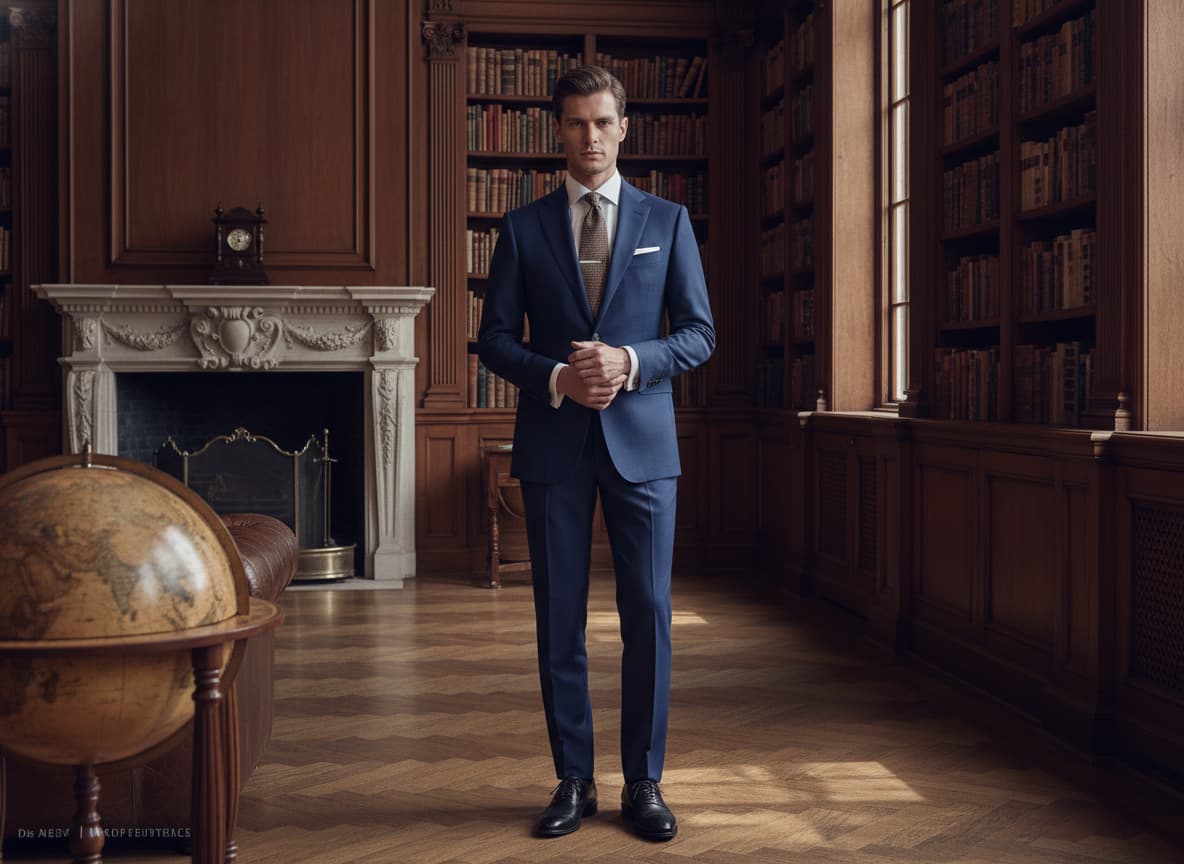 Un mannequin professionnel porte un costume bleu marine classique coupe Milano dans une grande bibliothèque aux boiseries sombres.