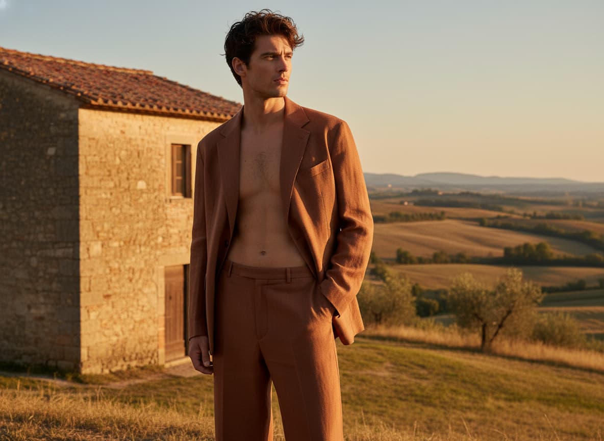 Un homme debout près d'un mur en pierre d'une ferme, vêtu d'un costume marron terracotta ample, illuminé par la lumière dorée du coucher de soleil.