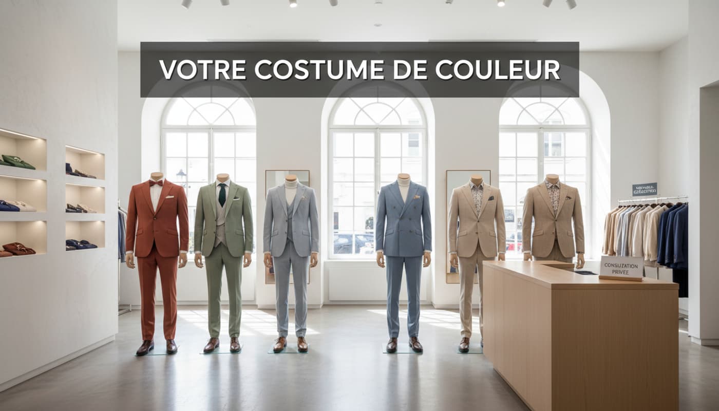 Mannequins portant des costumes de mariage modernes dans des tons terracotta, vert sauge et bleu pastel dans une boutique de luxe minimaliste éclairée par une lumière douce.