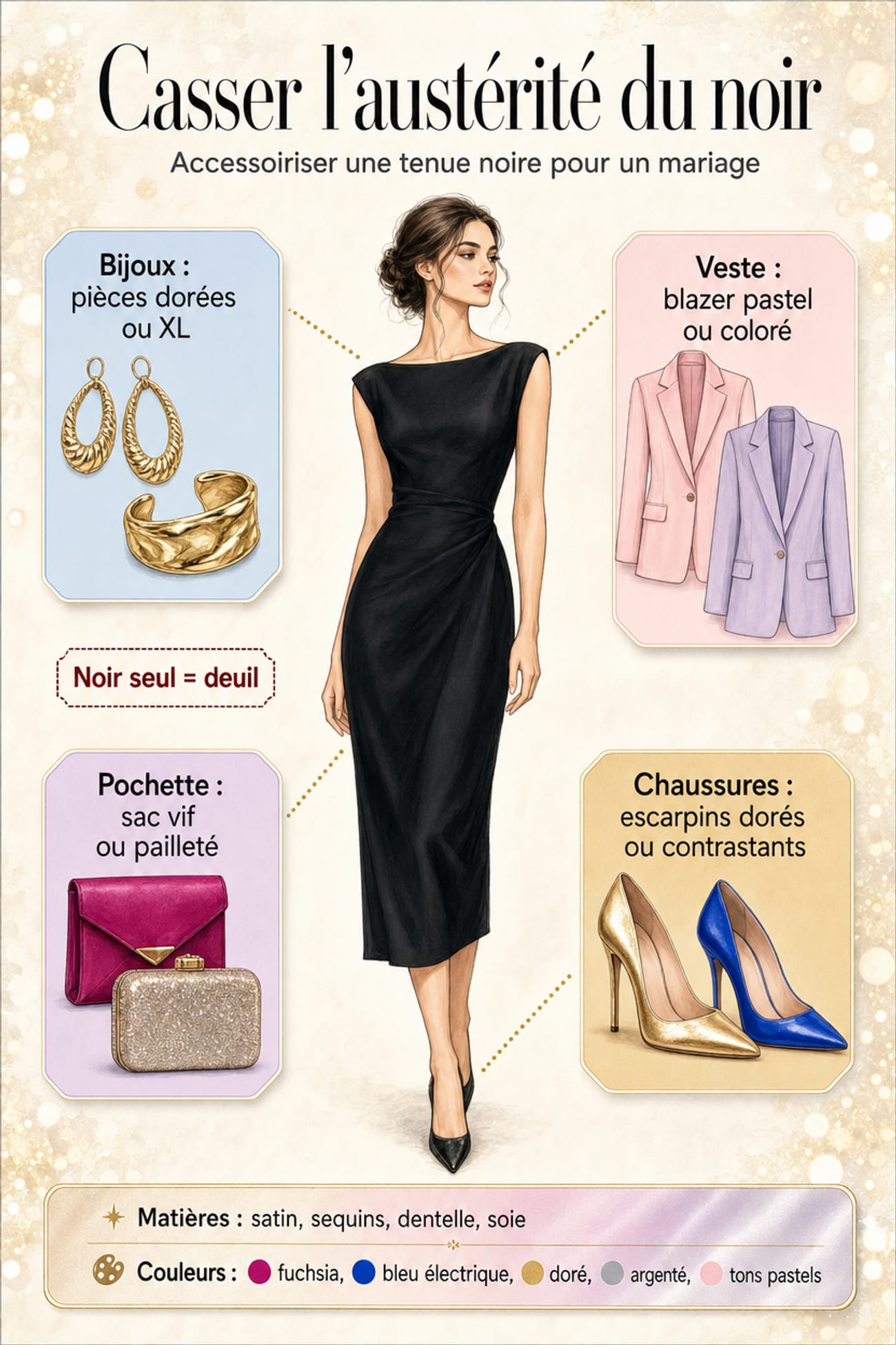 Infographie verticale montrant comment accessoiriser une tenue noire pour un mariage avec quatre cartes accessoires, une silhouette centrale et une bannière matières et couleurs.