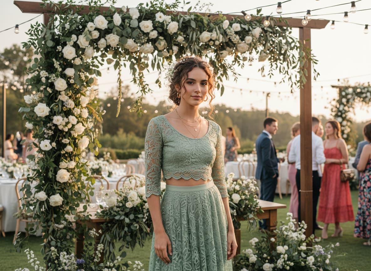 Jeune femme portant un ensemble coordonné en dentelle vert sauge composé d'un haut court et d'une jupe midi dans un décor de mariage en plein air.