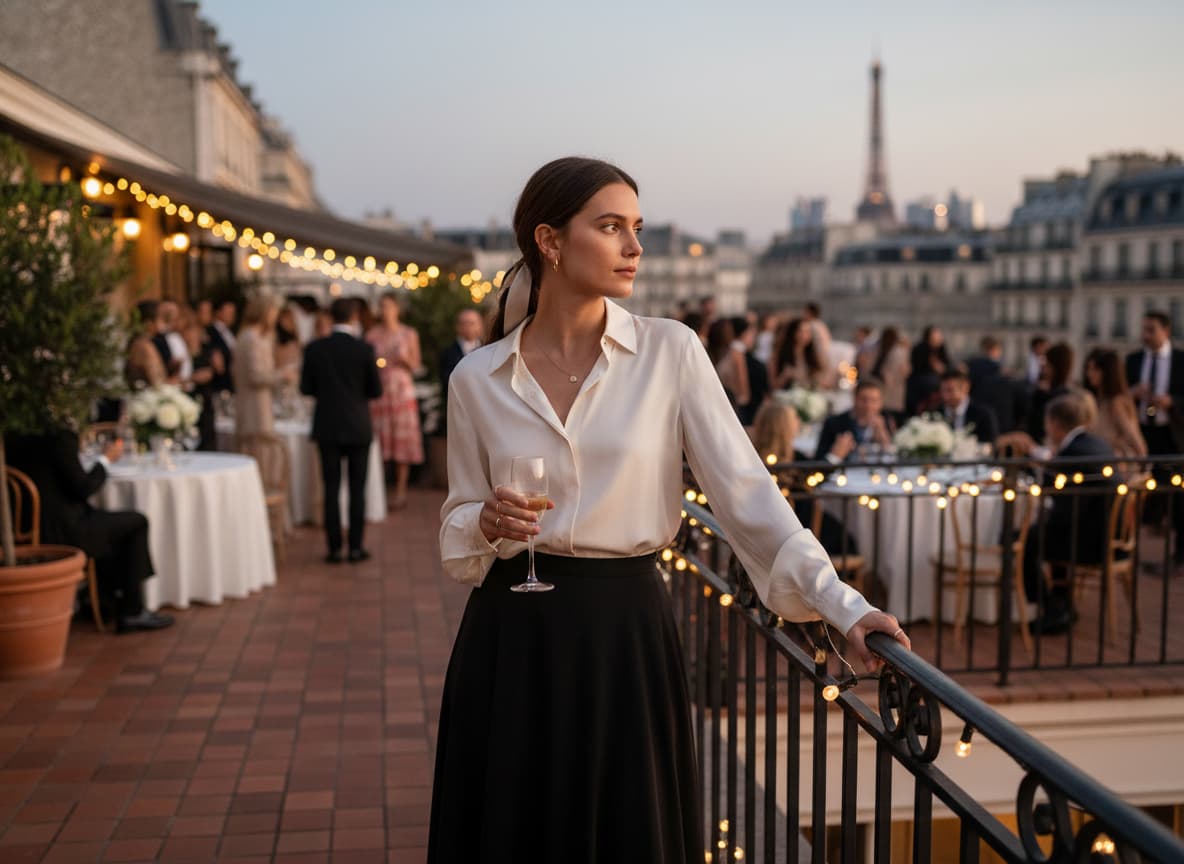 Une femme élégante en chemise de soie ivoire assiste à une réception de mariage sur une terrasse, la lumière douce du soir soulignant le tombé fluide du tissu.