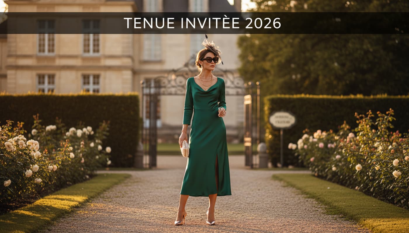 Une femme élégante vêtue d'une tenue d'invitée tendance pose dans un jardin de château français ensoleillé sous le texte Tenue Invitée 2026.