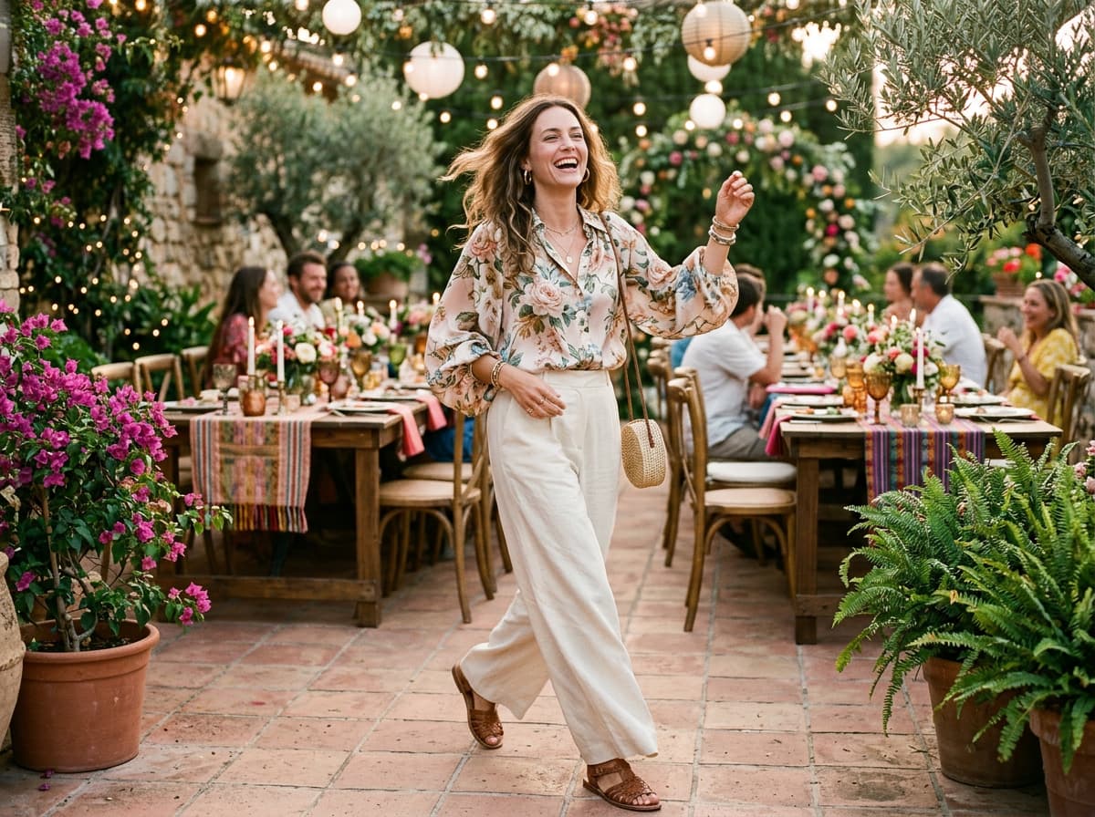 Une femme rit joyeusement en marchant sur une terrasse festive, vêtue d'un pantalon large crème et d'une élégante blouse en soie à motifs floraux.