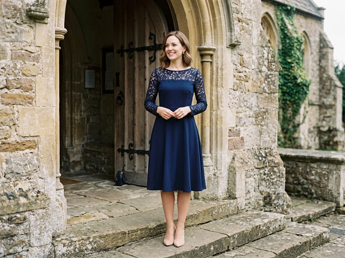 Une femme porte une robe mi-longue bleu marine à manches longues en dentelle devant le porche en pierre d'une église historique.