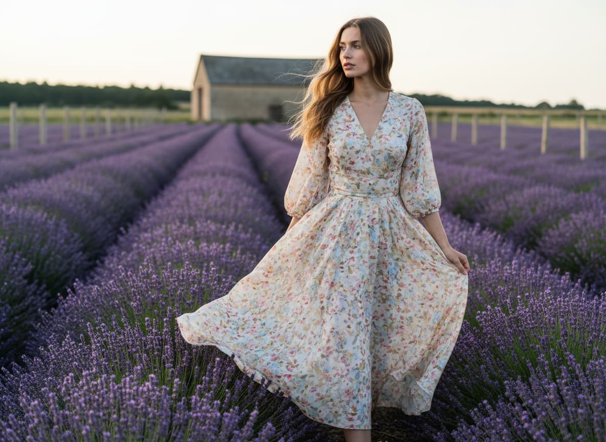 Une femme portant une robe mi-longue aux motifs floraux pastels se tient debout dans un champ de lavande baigné de lumière naturelle.