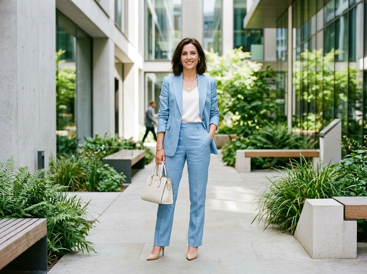 Femme élégante en tailleur-pantalon bleu clair avec bijoux discrets dans une cour intérieure moderne et lumineuse.