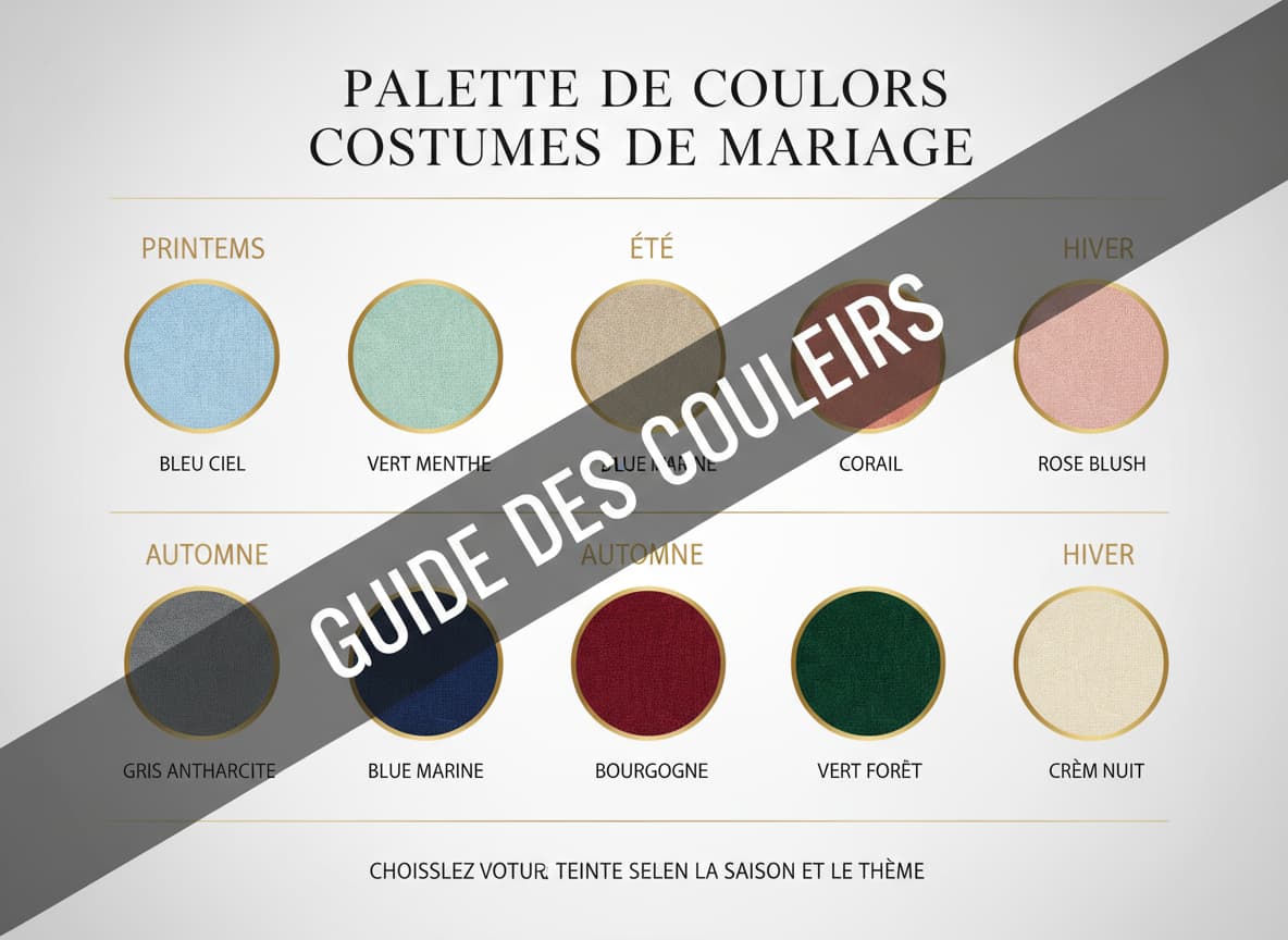 Infographie affichant des échantillons de tissus bleu ciel, bordeaux et terracotta pour costumes de mariage avec l'inscription GUIDE DES COULEURS.