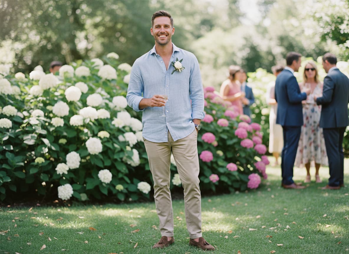 Un homme en chemise bleu clair au tissu texturé se tient dans un jardin fleuri lors d'un mariage ensoleillé.