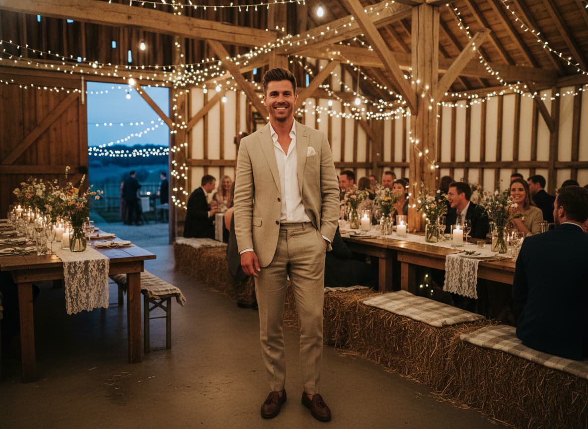 Un homme porte un costume beige en lin dans une grange rustique avec des poutres en bois et des guirlandes lumineuses, l'ambiance est chaleureuse.