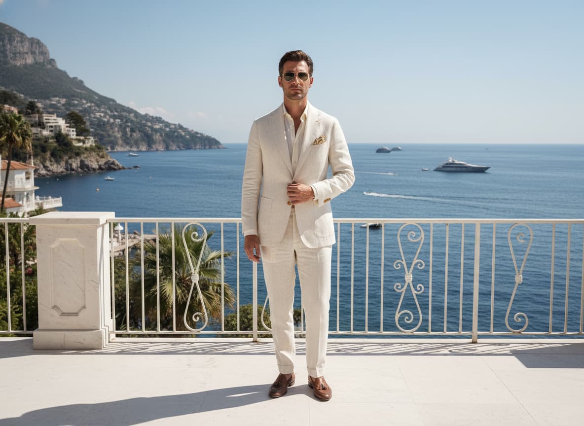 Un homme en costume lin blanc cassé se tient sur une terrasse blanche surplombant la mer Méditerranée sous un soleil éclatant.