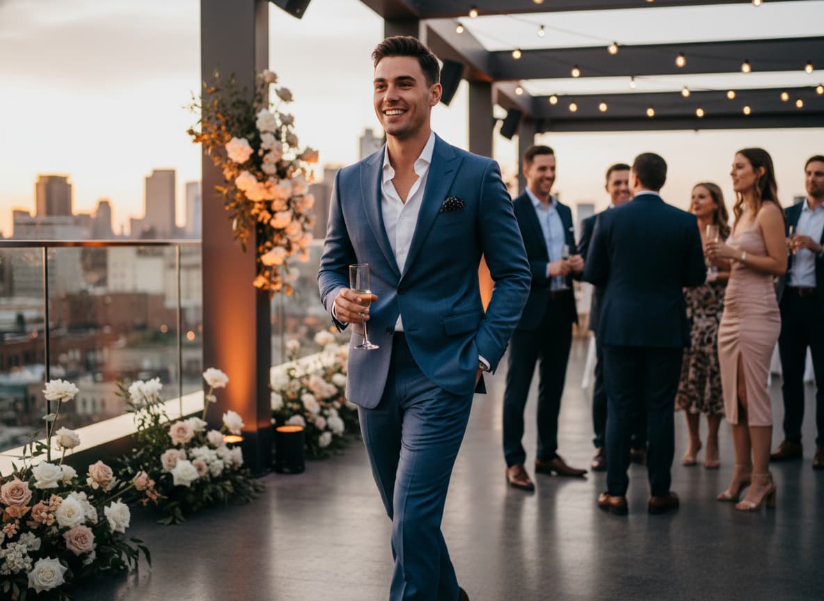 Un homme moderne en costume slim bleu acier se déplace dans une réception de mariage sur un rooftop urbain.
