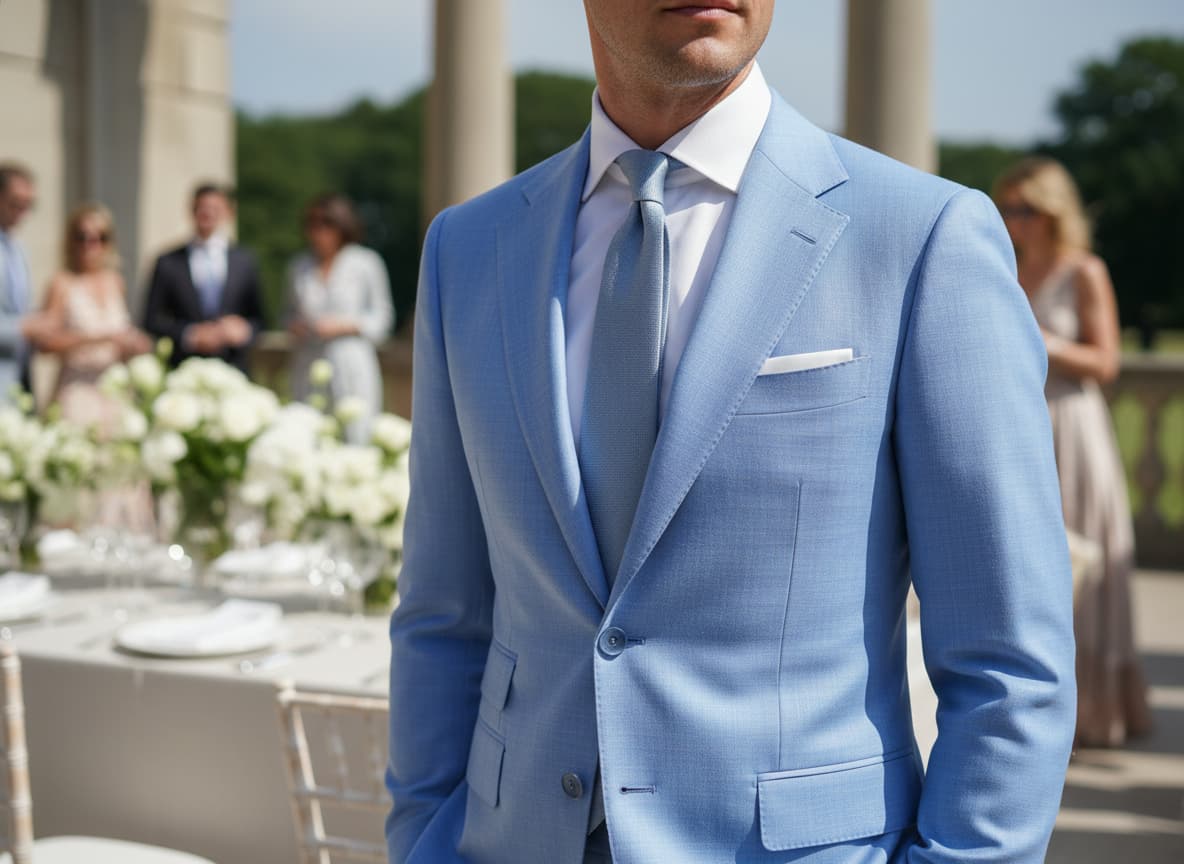 Un homme en costume slim bleu ciel sur une terrasse élégante lors d'un mariage estival.