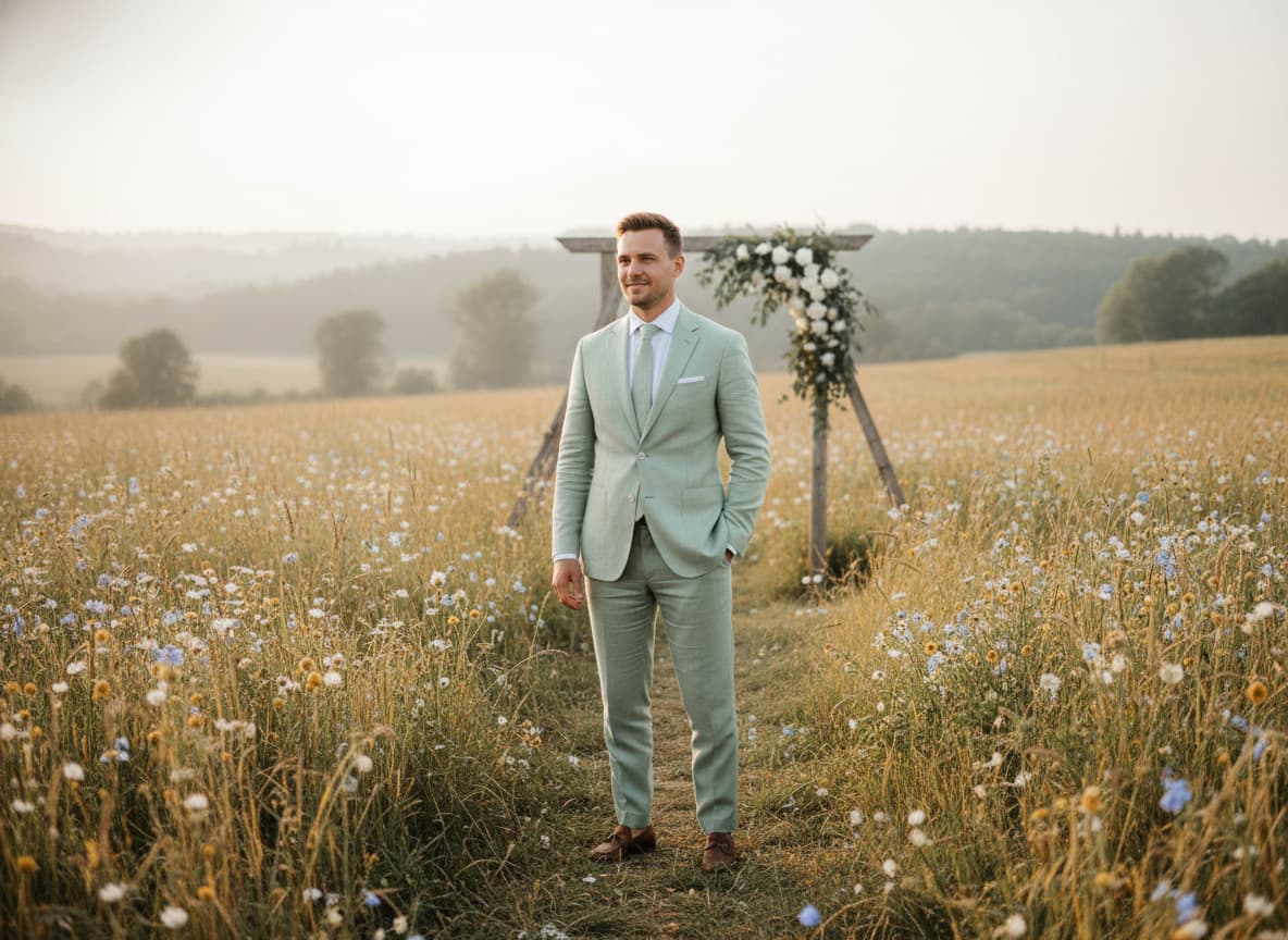 Un homme en costume vert amande se tient dans un champ de campagne, entouré d'herbes hautes et de fleurs sauvages, avec un éclairage doux et brumeux.