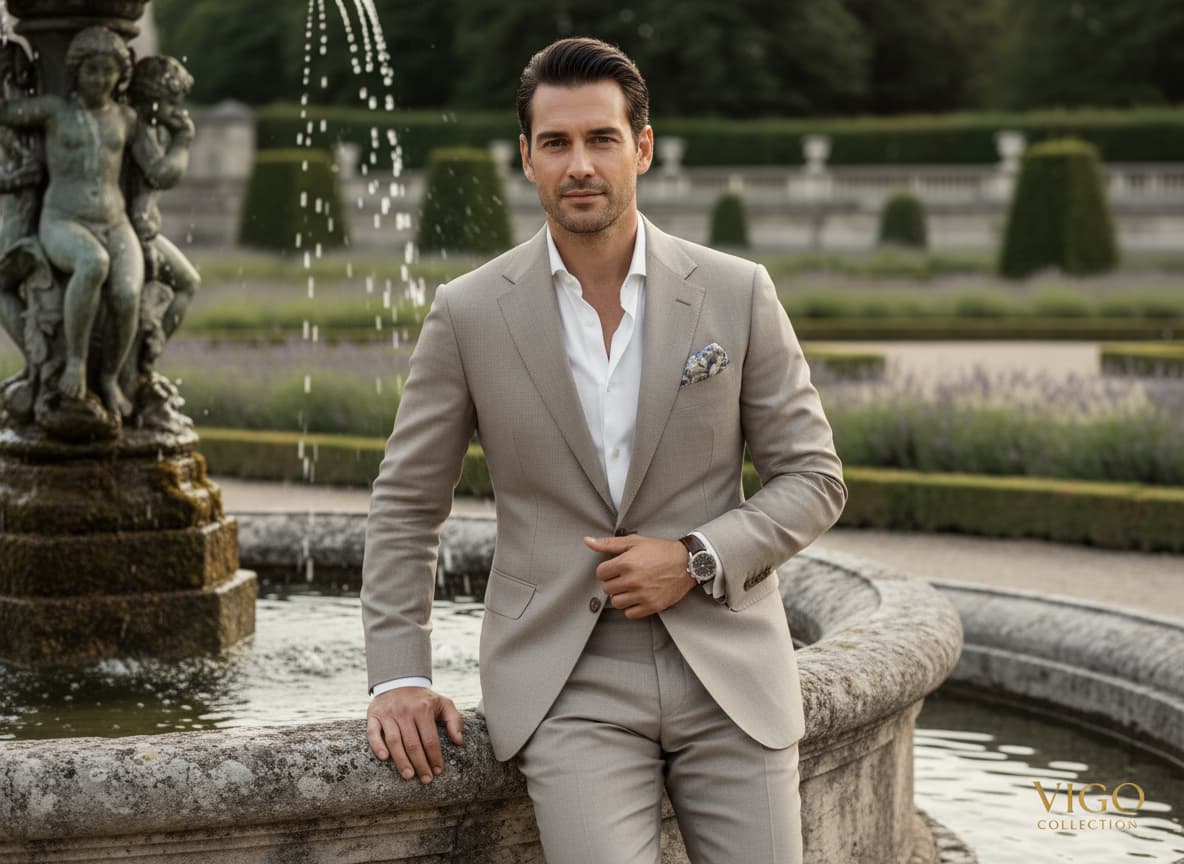 Homme en costume d'été neutre, pochette fleurie, appuyé contre une fontaine dans un jardin français.
