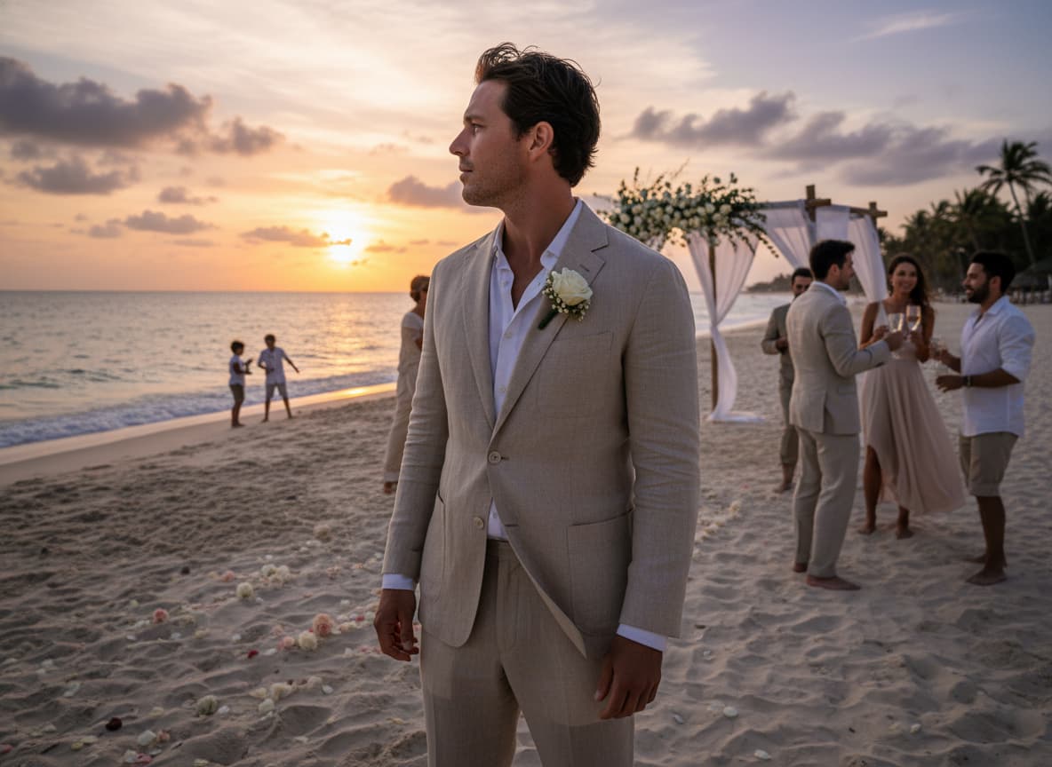 Un homme en veste de lin beige regarde l'horizon sur une plage au coucher du soleil.