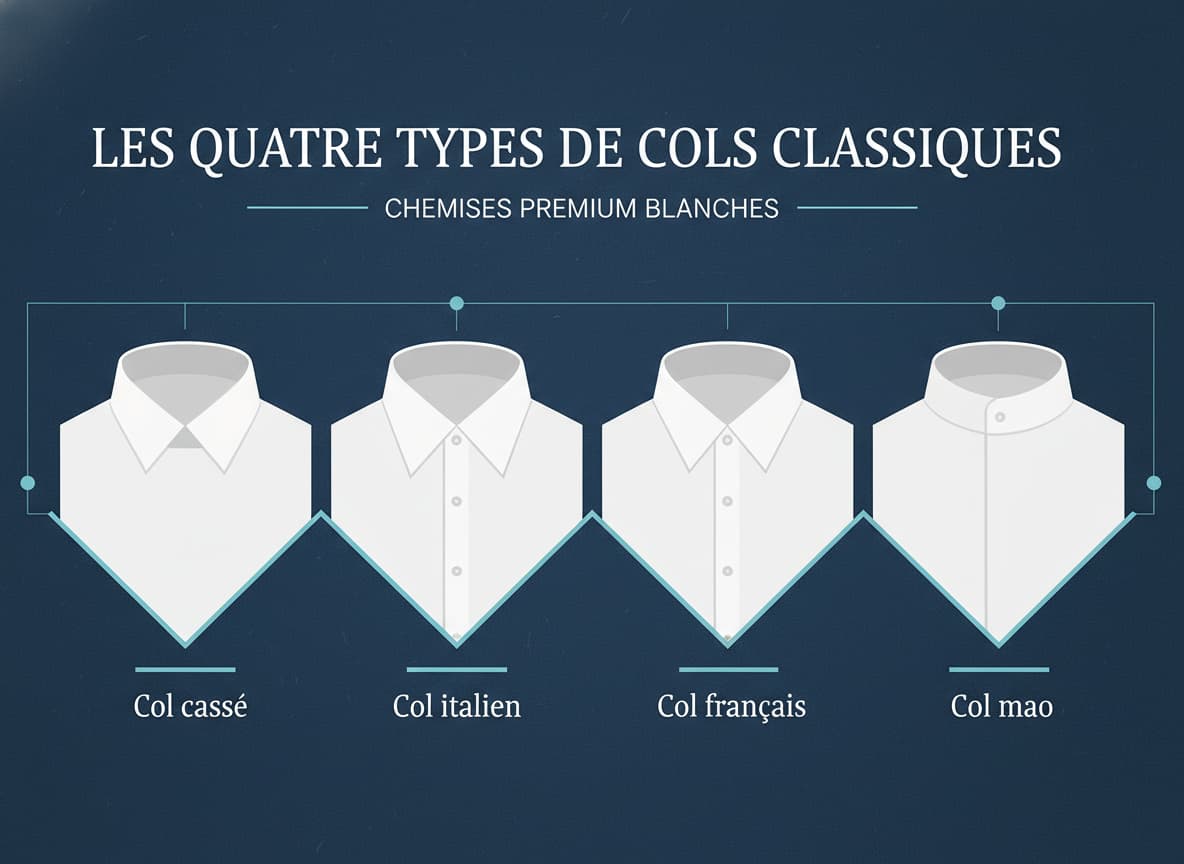 Quatre cols de chemise blanche présentés côte à côte : col cassé, col italien, col français et col mao, avec leurs étiquettes en français.