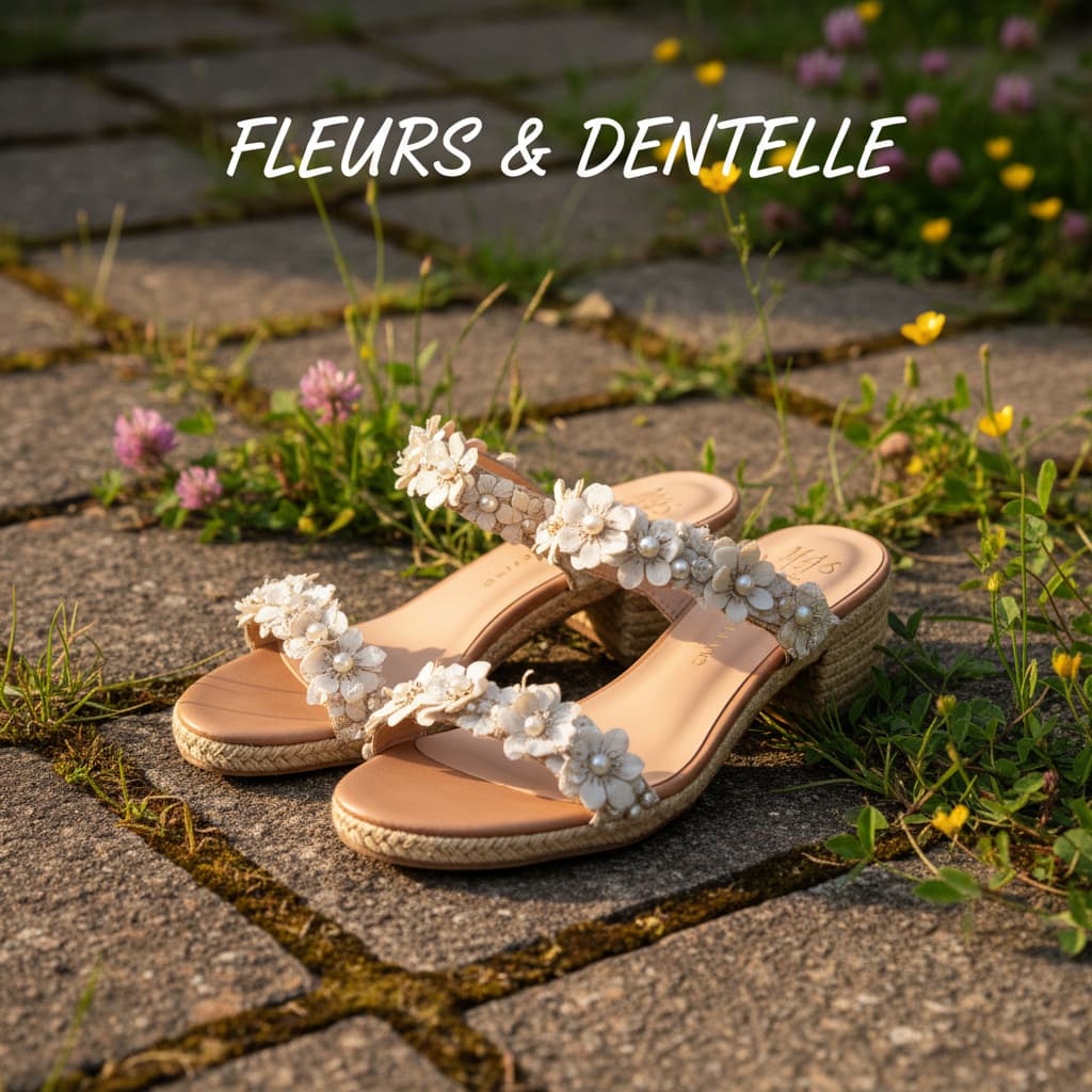 Sandales beiges à petit talon ornées de fleurs blanches, posées sur un chemin de pierres rustique entouré de fleurs sauvages, avec le texte 'FLEURS & DENTELLE' en superposition.
