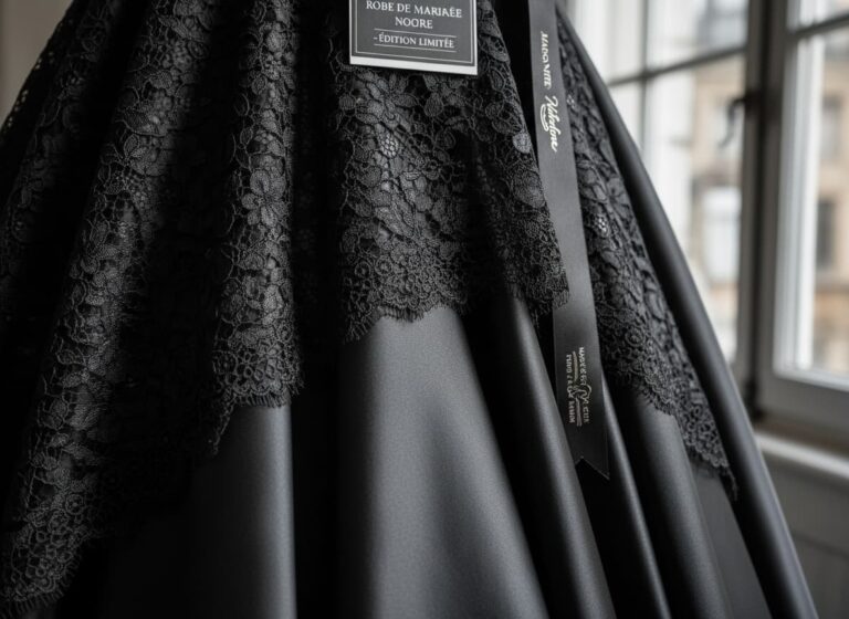 Gros plan sur les textures contrastées d'une tenue de mariage festive noire mêlant dentelle délicate, satin brillant et soie fluide sous une lumière naturelle.